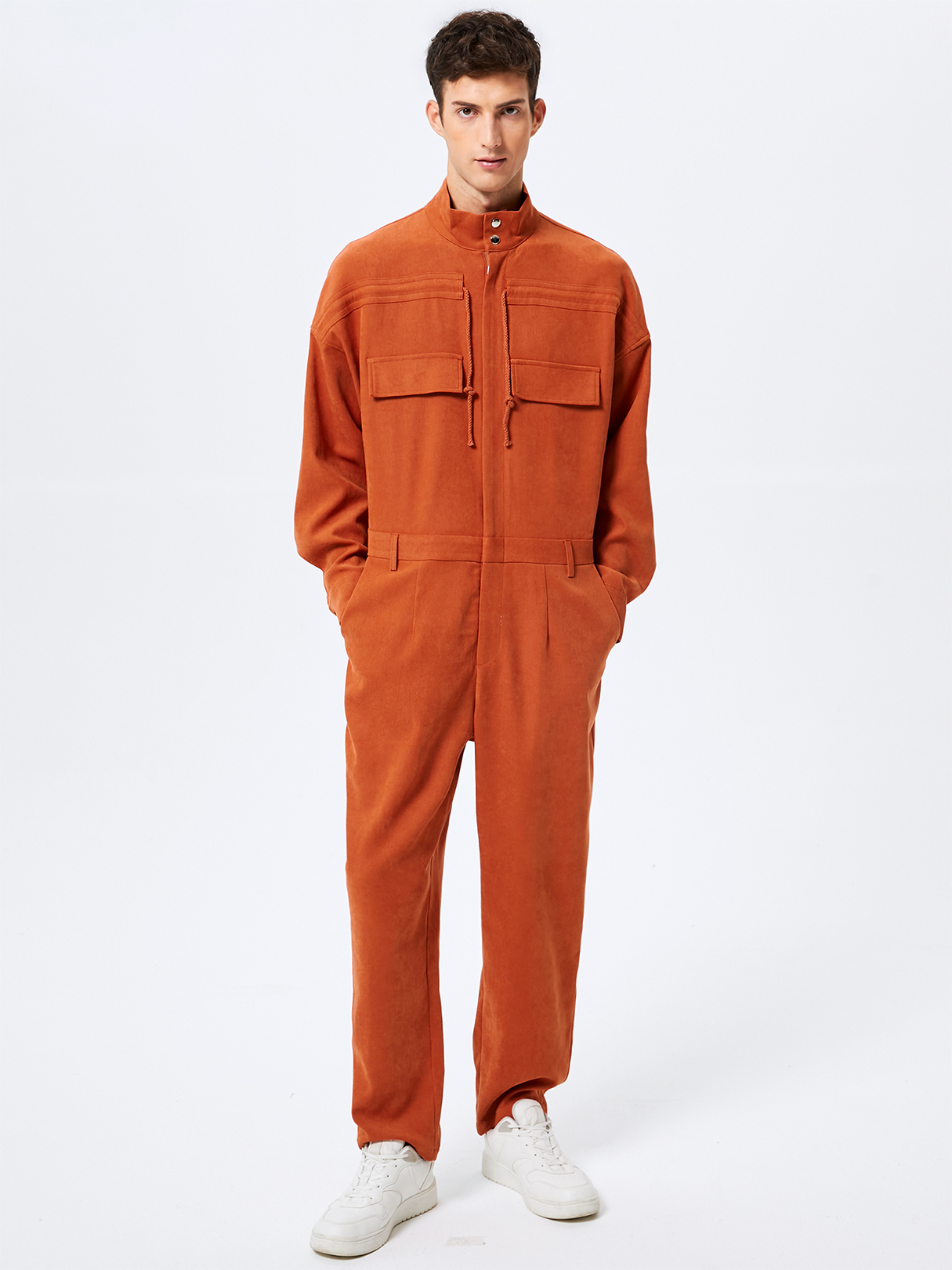 Men Fashion Stand Collar Drawstring Zip Front Long Sleeve Overalls Jumpsuit