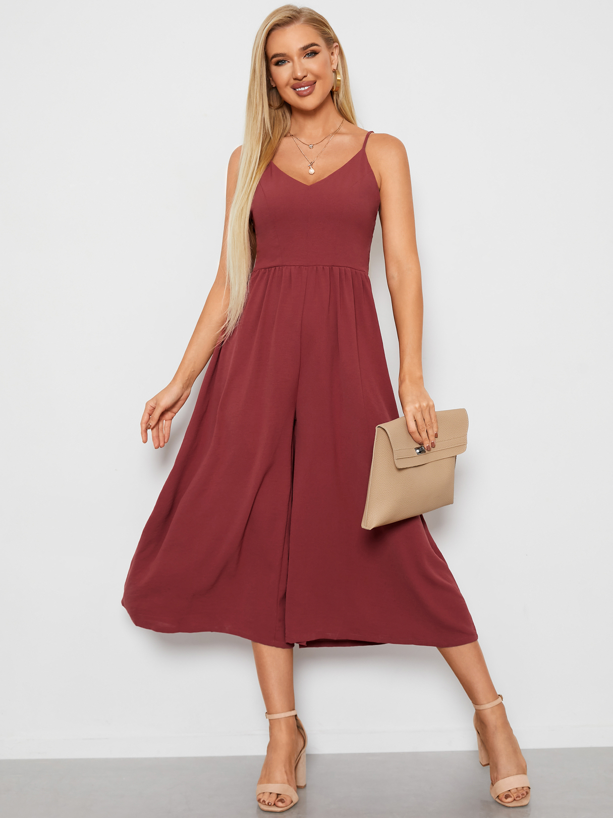 Indianred Backless Design V Neck & High-waisted Maxi Jumpsuit