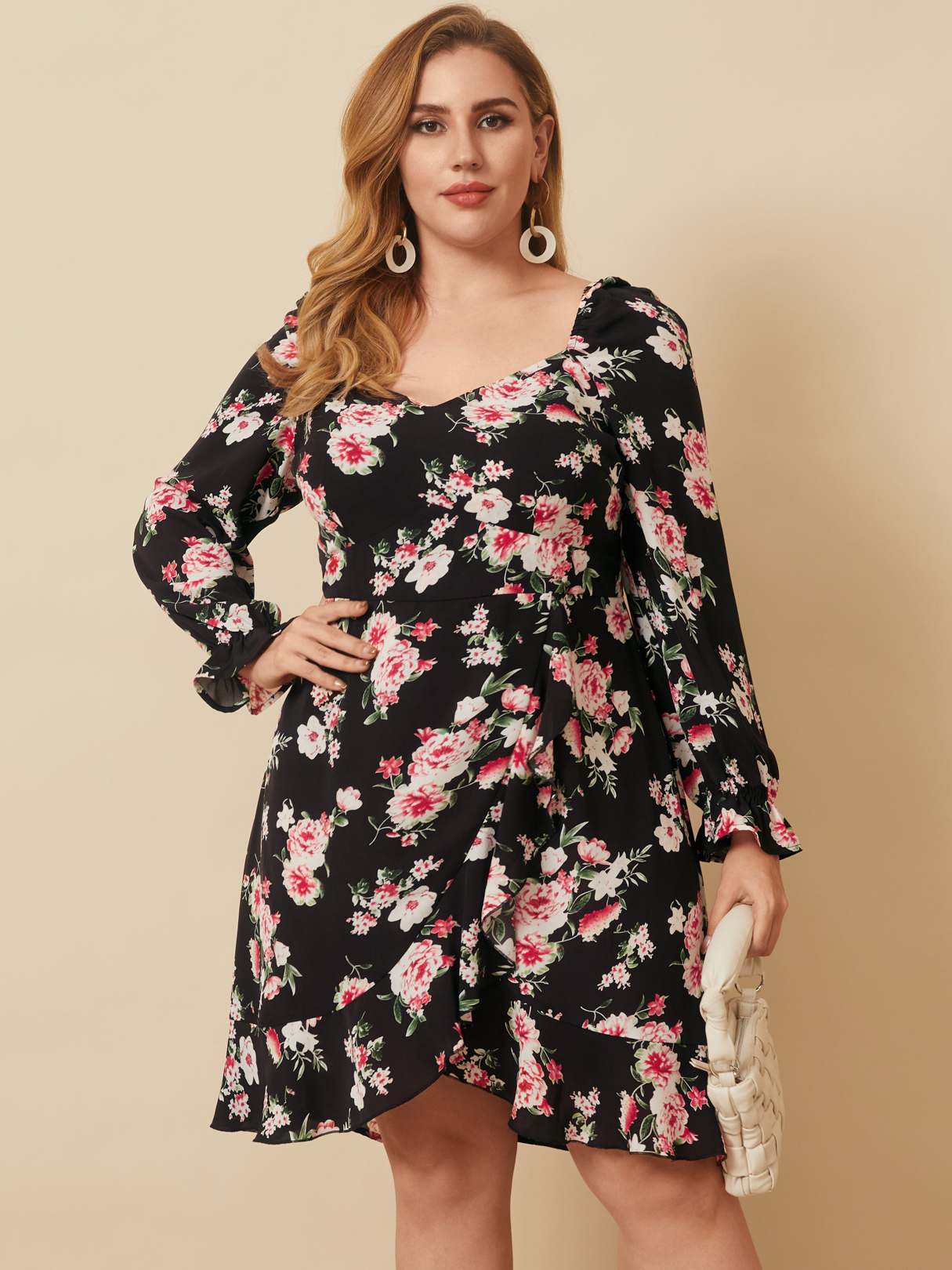 YOINS Plus Size Square Neck Floral Print Long Sleeves Dress
