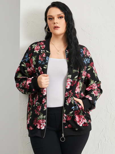 YOINS Plus Size Floral Print Side Pocket Zip Front Long Sleeves Jacket