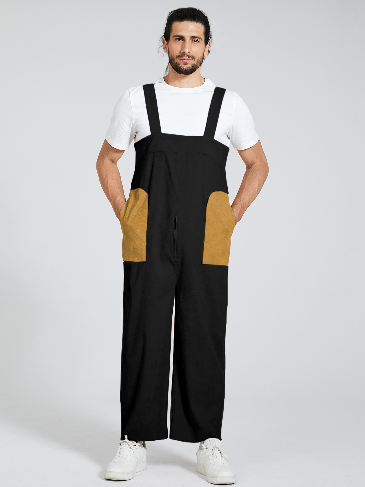 Men Fashion Color Block Loose Fit Bib Suspender Overalls Jumpsuit