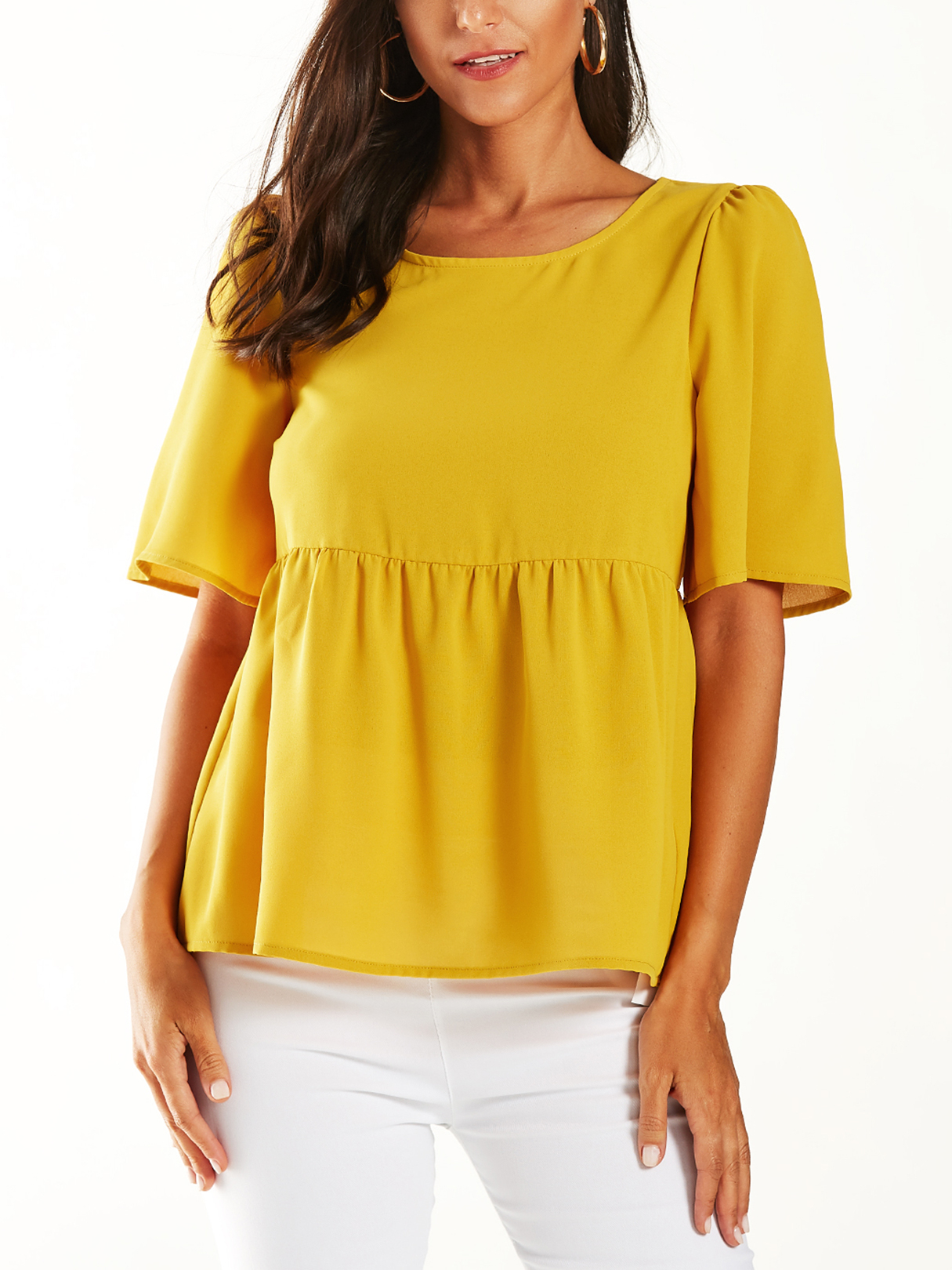 YOINS Yellow Round Neck Padded Shoulder Flounced Hem Blouse