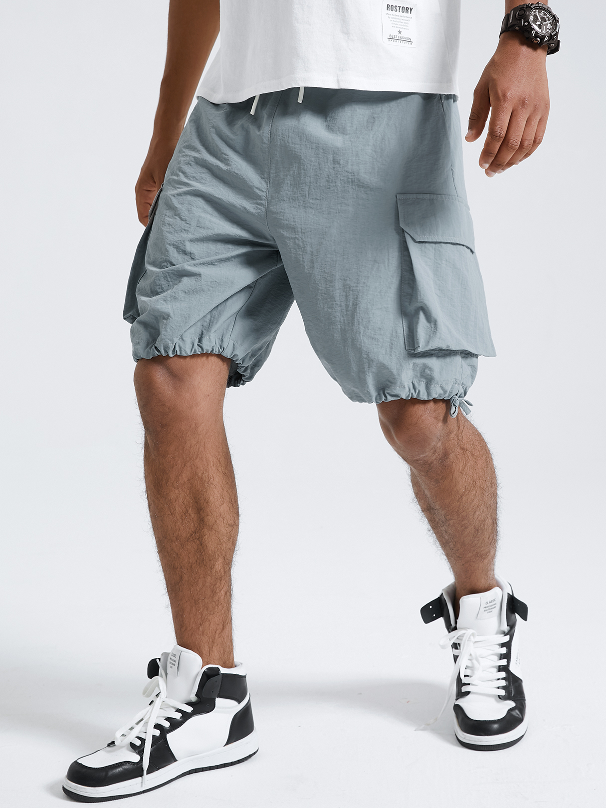 Men Blue Plain Drawstring Waist Casual Shorts