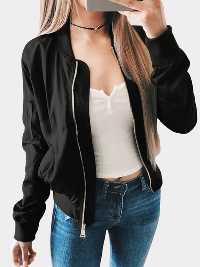 Black Classic Long Sleeve Zipper Details Flight Jacket