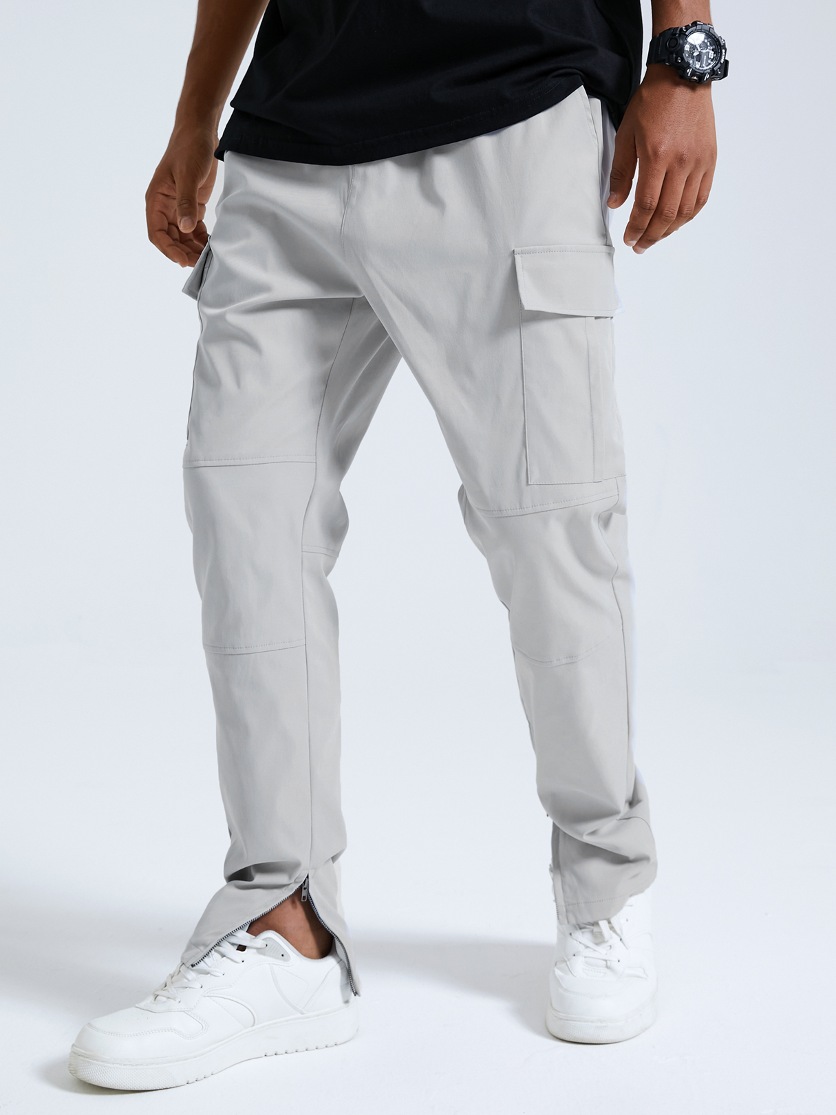 Men Plain Drawstring Elastic Waist Multi-pocket Cargo Pants