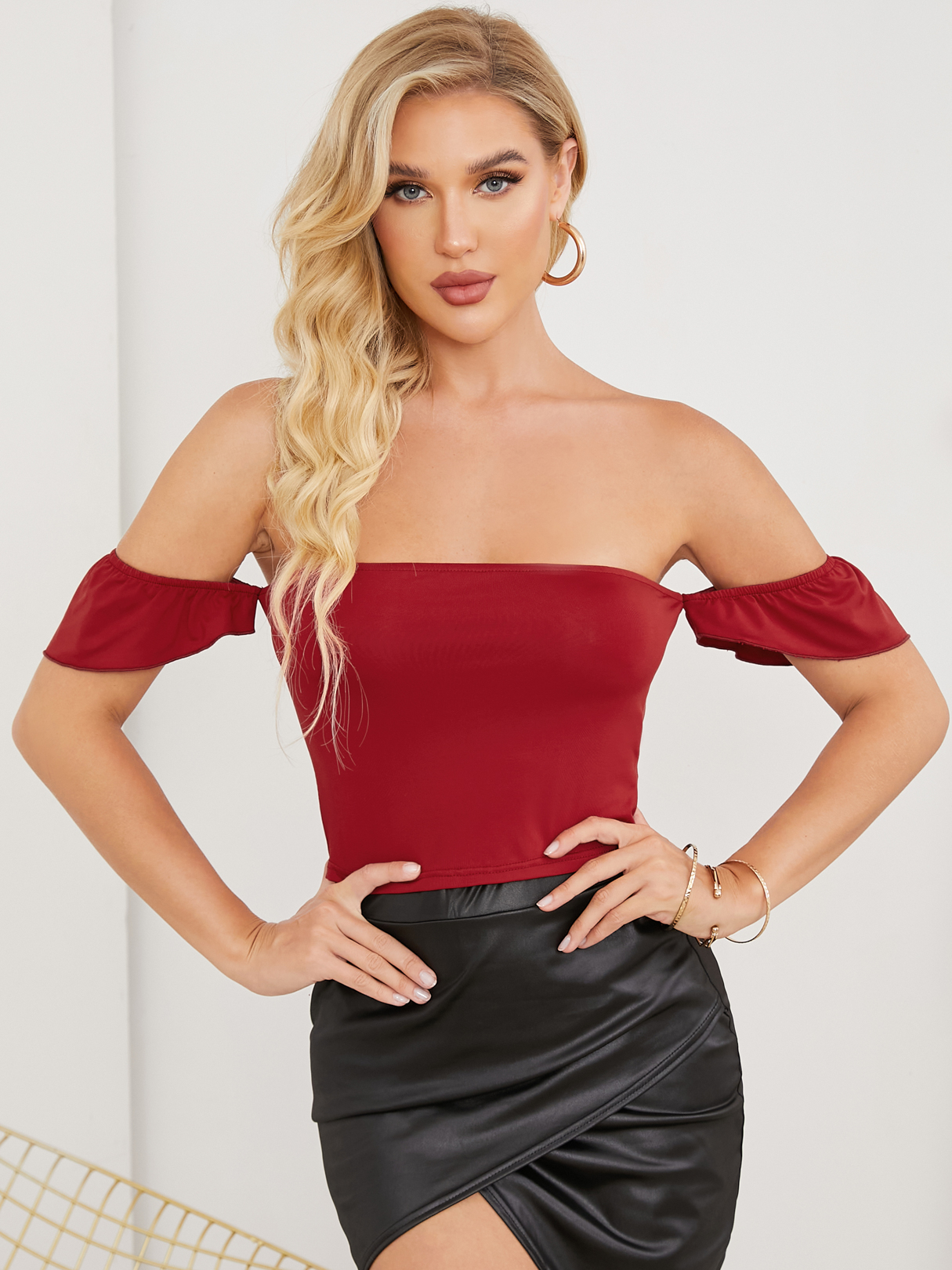 YOINS Burgundy Backless Design Strapless Short Sleeves Tube Top