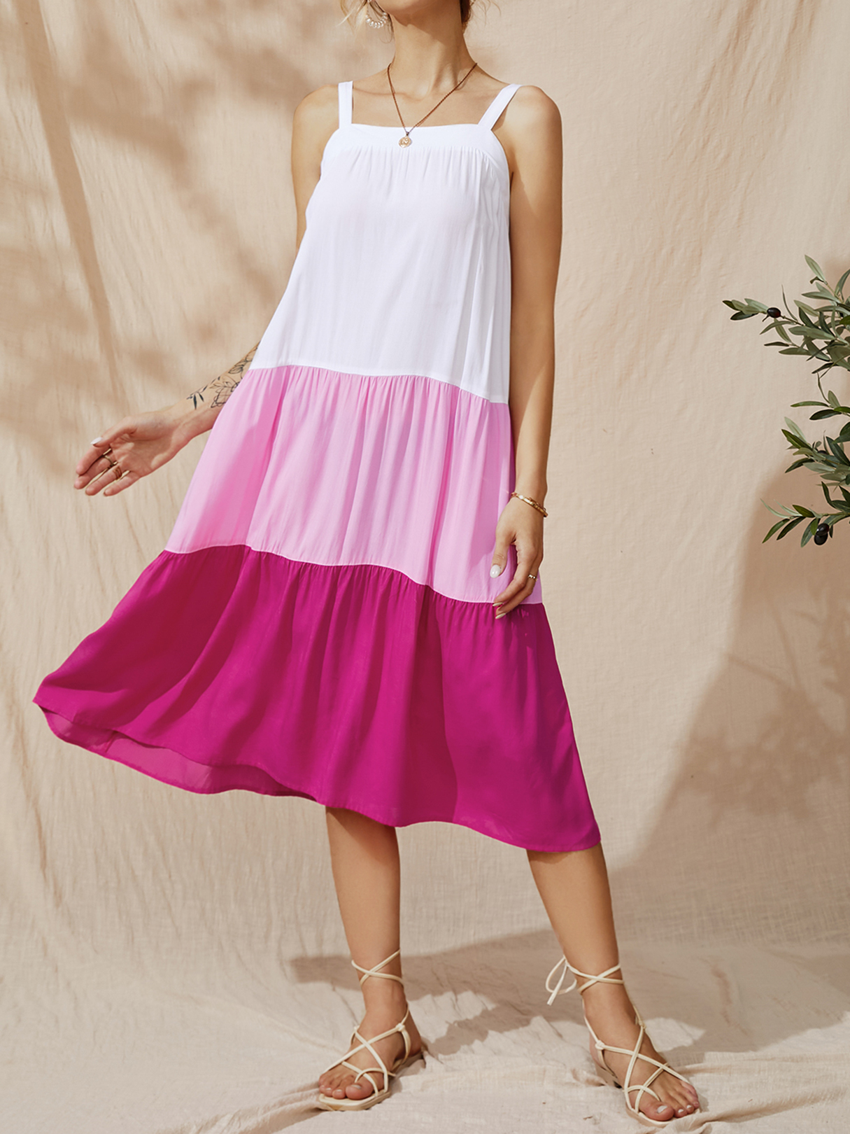 YOINS White Square Neck Color Block Backless Design Midi Dress