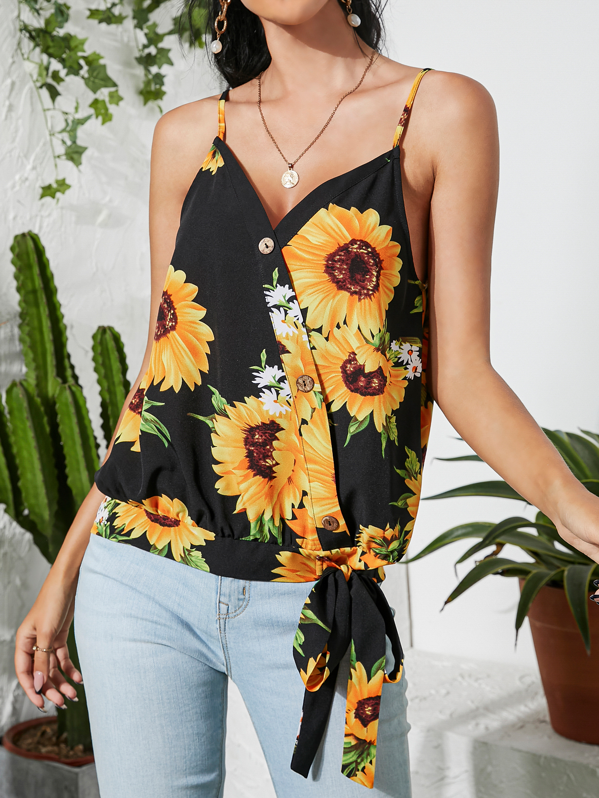YOINS Black Random Sunflower Print Crossed Front Tie-up Design V-neck Cami