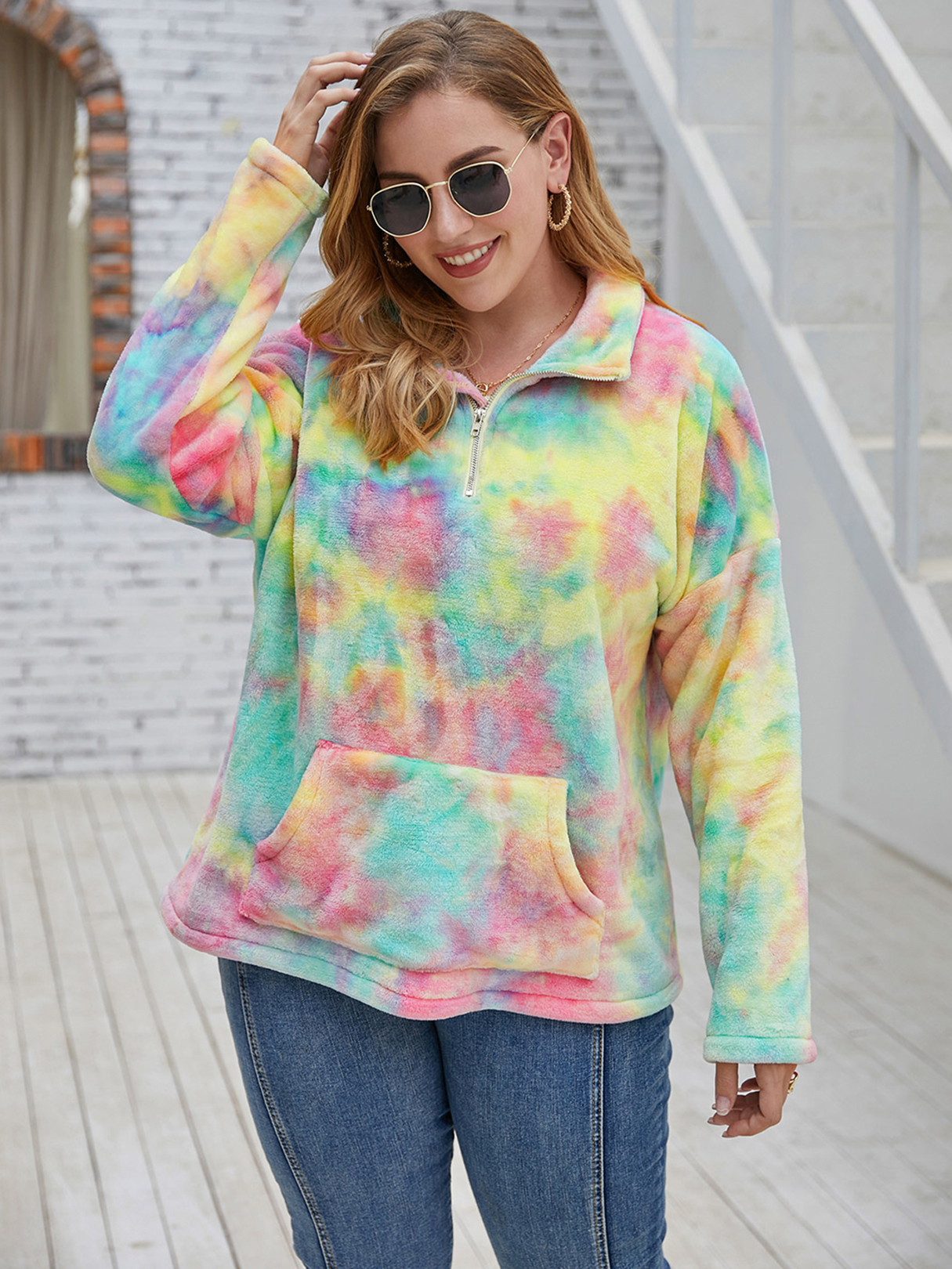 Plus Size Lapel Collar Tie Dye Pocket Design Long Sleeves Sweatshirt