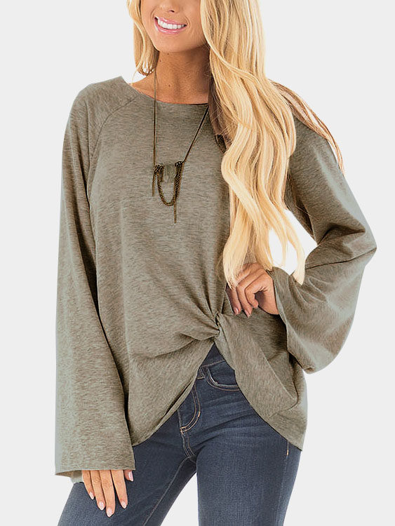 Grey Crossed Front Design Plain Round Neck Flared Sleeves T-shirt