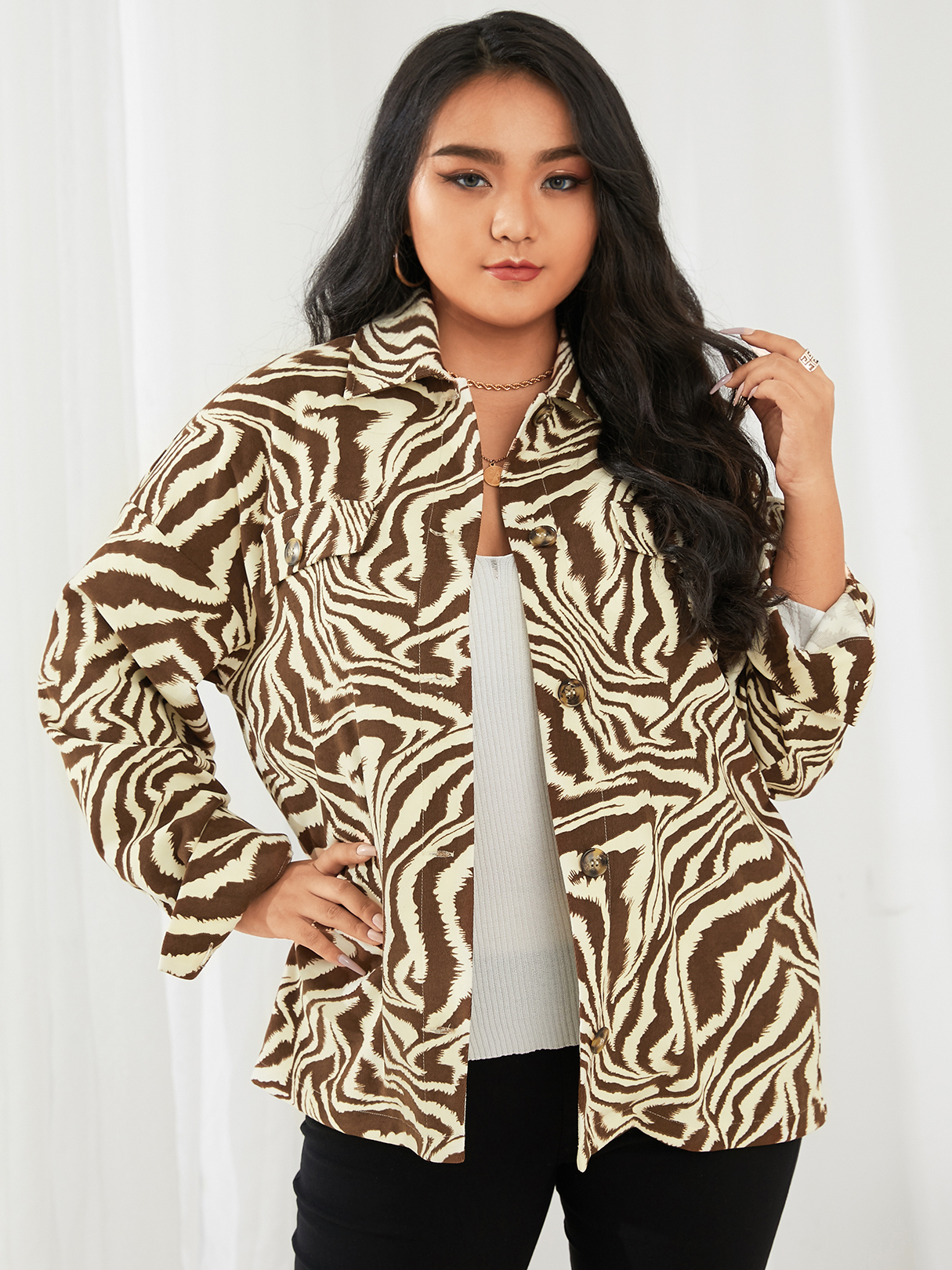 YOINS Plus Size Lapel Collar Animal Long Sleeves Coat