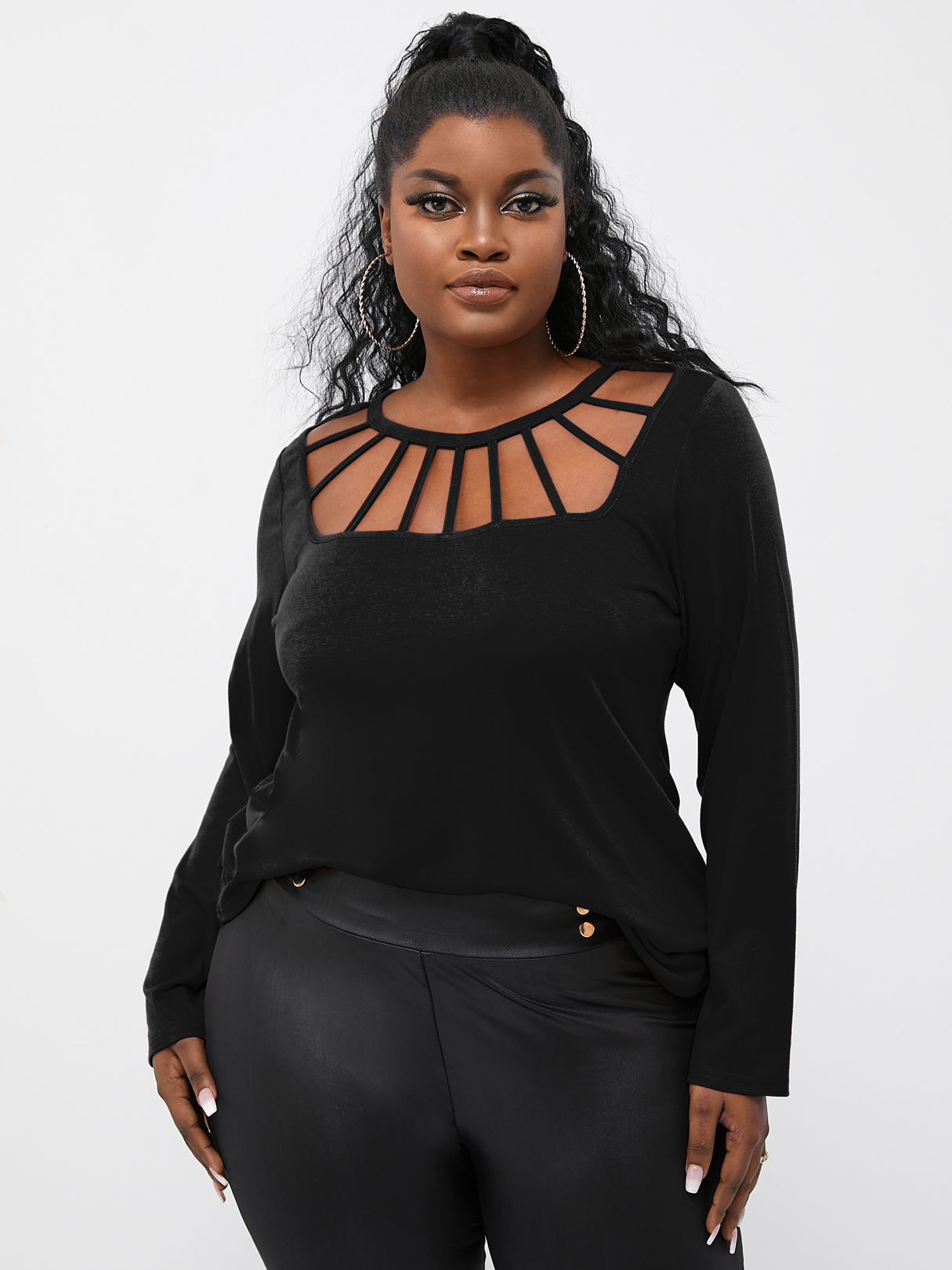 YOINS Plus Size Crew Neck Long Sleeves Cut Out Tee