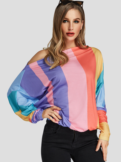 Color Block One Shoulder Long Sleeves Top
