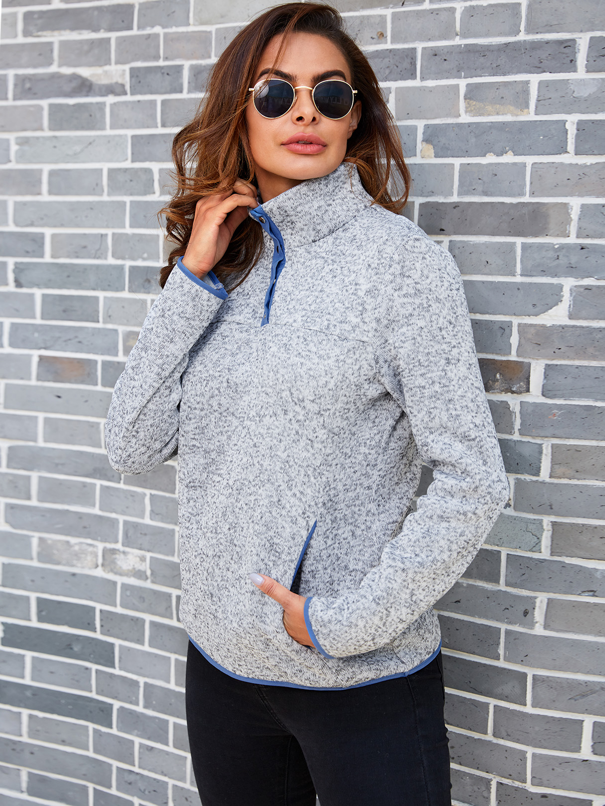 YOINS Grey Front Button Long Sleeves Sweatshirt