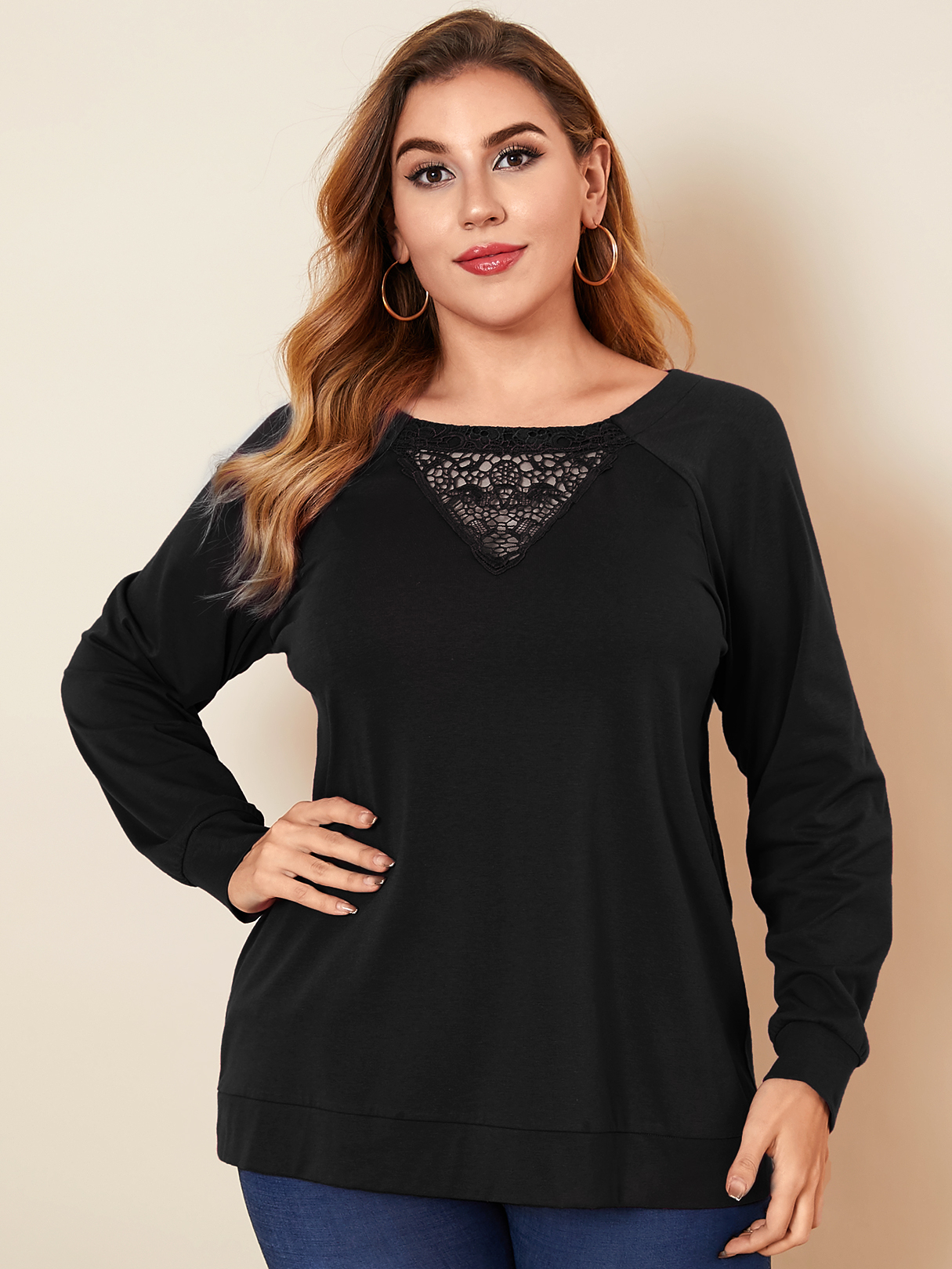 YOINS Plus Size Round Neck Lace Long Sleeves Tee