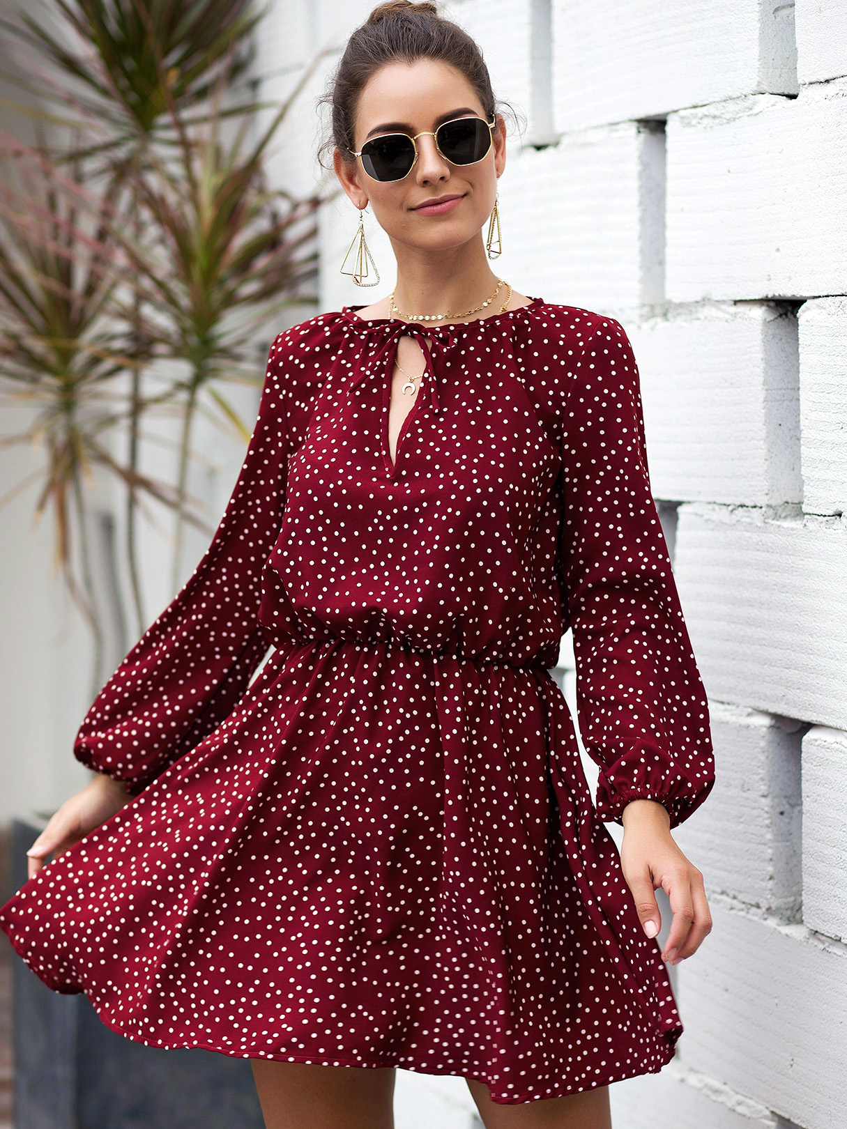 Red Polka Dot Round Neck Lantern Sleeves Ruched Dress