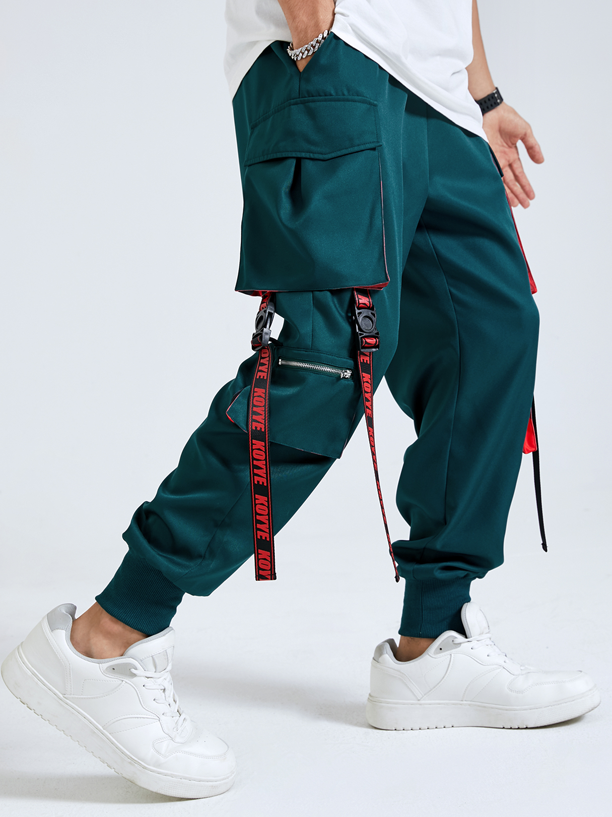 Men Hip Hop Ribbon Straps Buckle Multi-pocket Cargo Pants