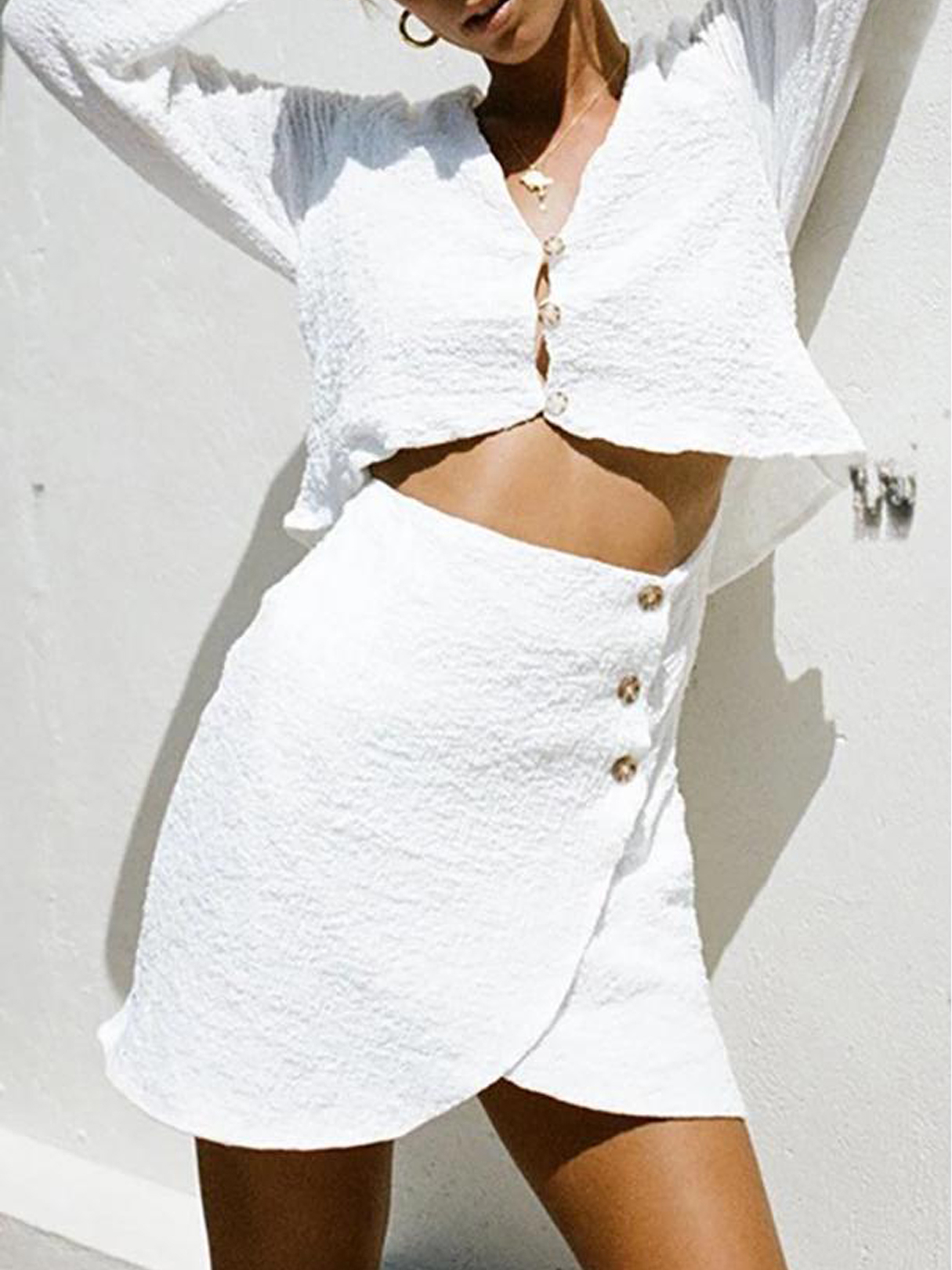 YOINS White Button Design V-neck Bell Sleeves Top