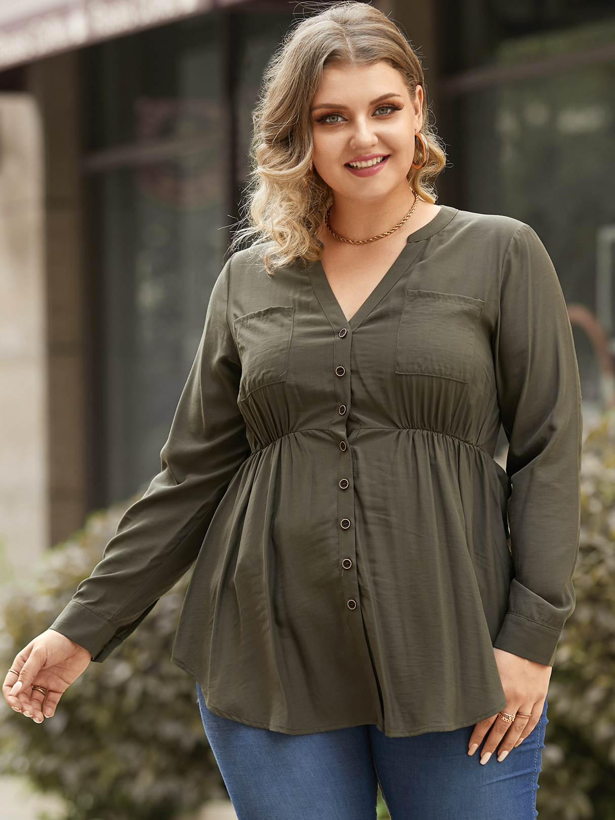 YOINS Plus Size V-neck Pocket Design Button Design Long Sleeves Blouse