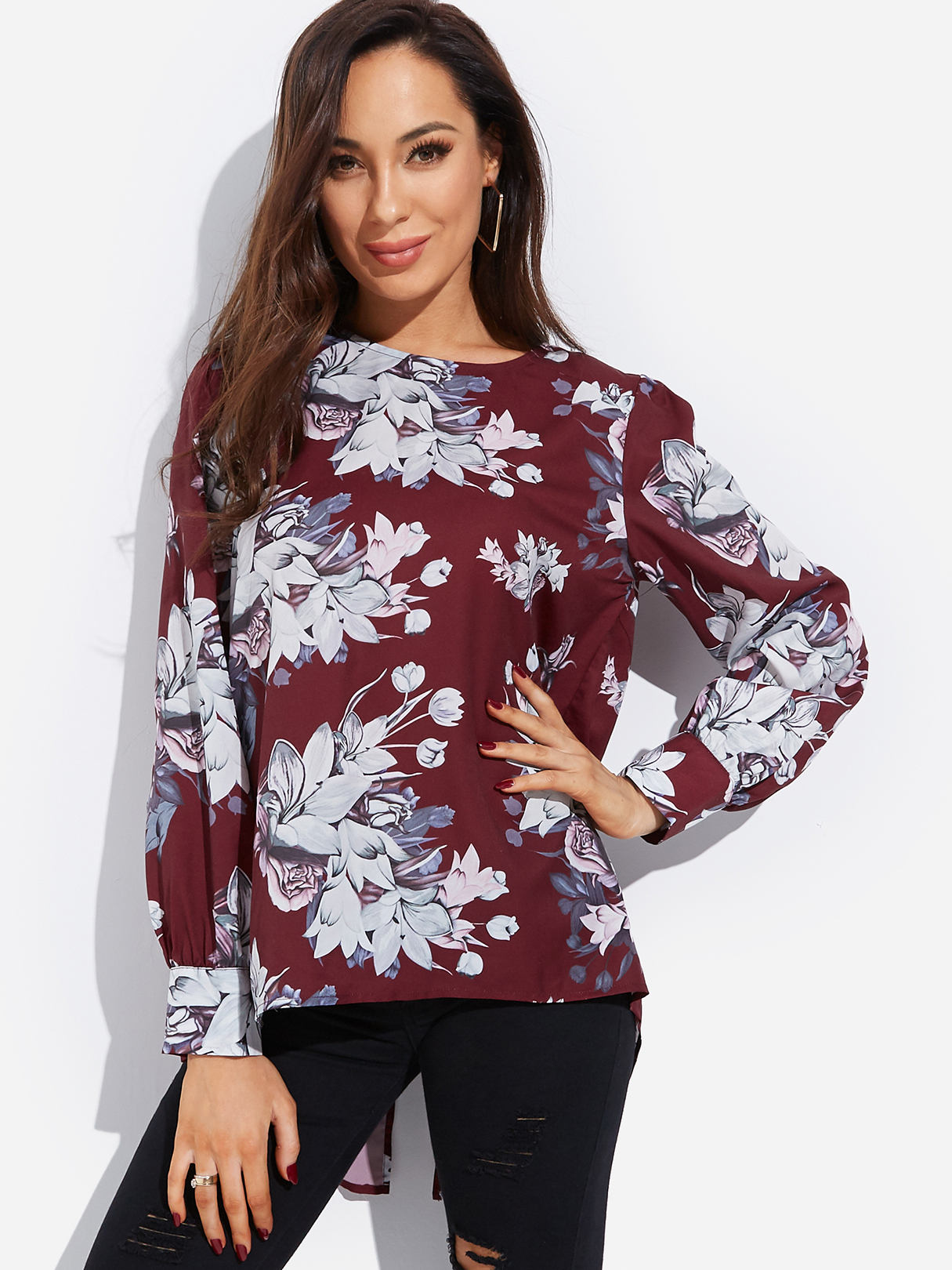 Burgundy Zip Back Random Floral Print Round Neck Long Sleeves Blouse