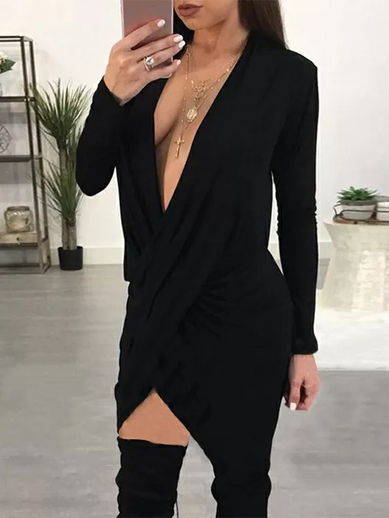 Crossed Front Deep V Neck Long Sleeves Dress