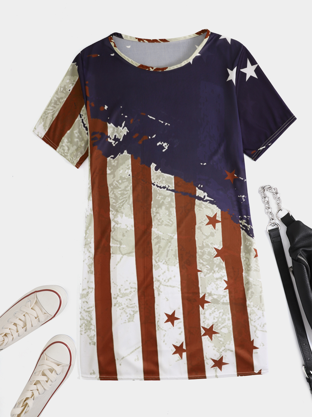 American Flag Print Short Sleeves Mini Dress