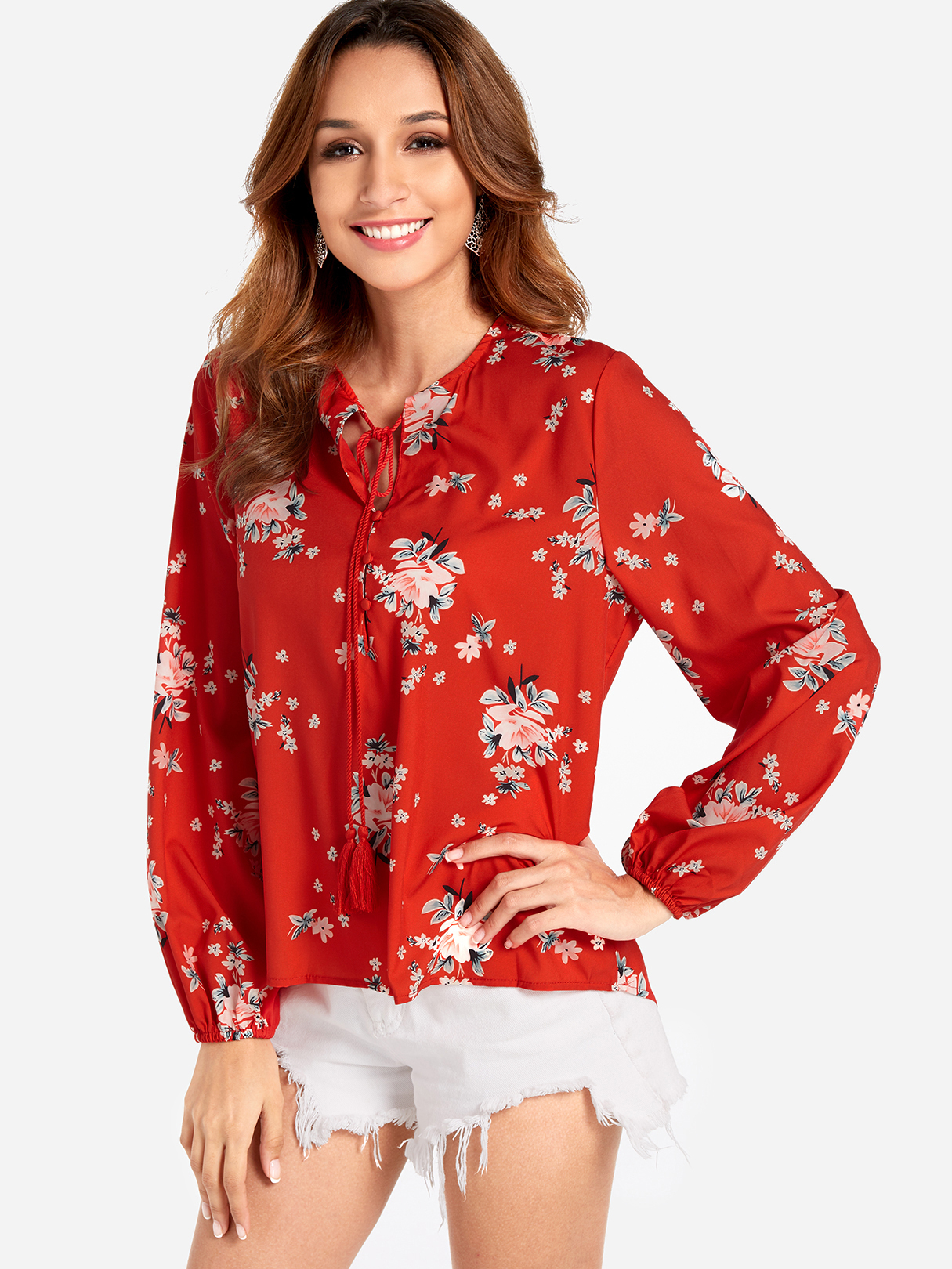 Red Long Sleeve Button Down Floral Top