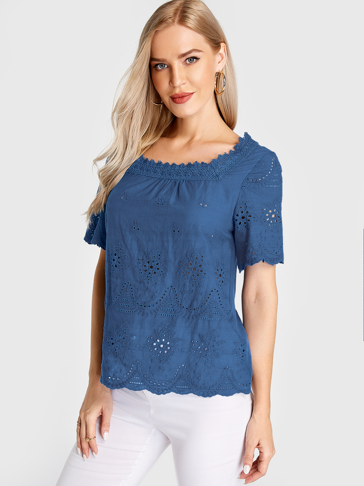 Blue Hollow Design Square Neck Short Sleeves Blouse