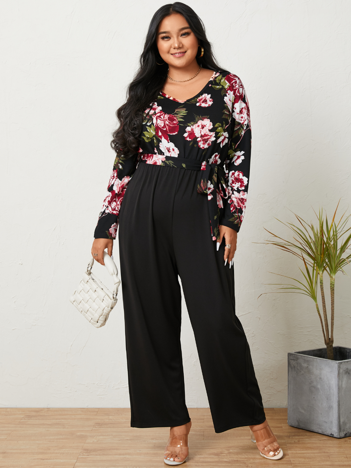 YOINS Plus Size V-neck Floral Print Belt Design Long Sleeves Jumpsuit