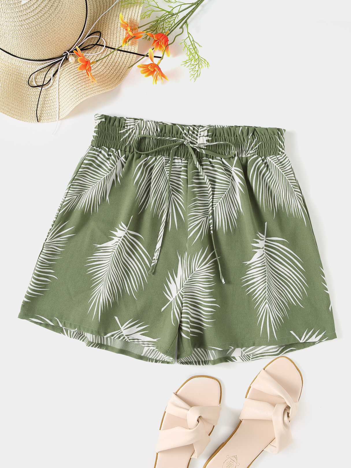 YOINS Tropical Print Shirring Elastic Waist Shorts