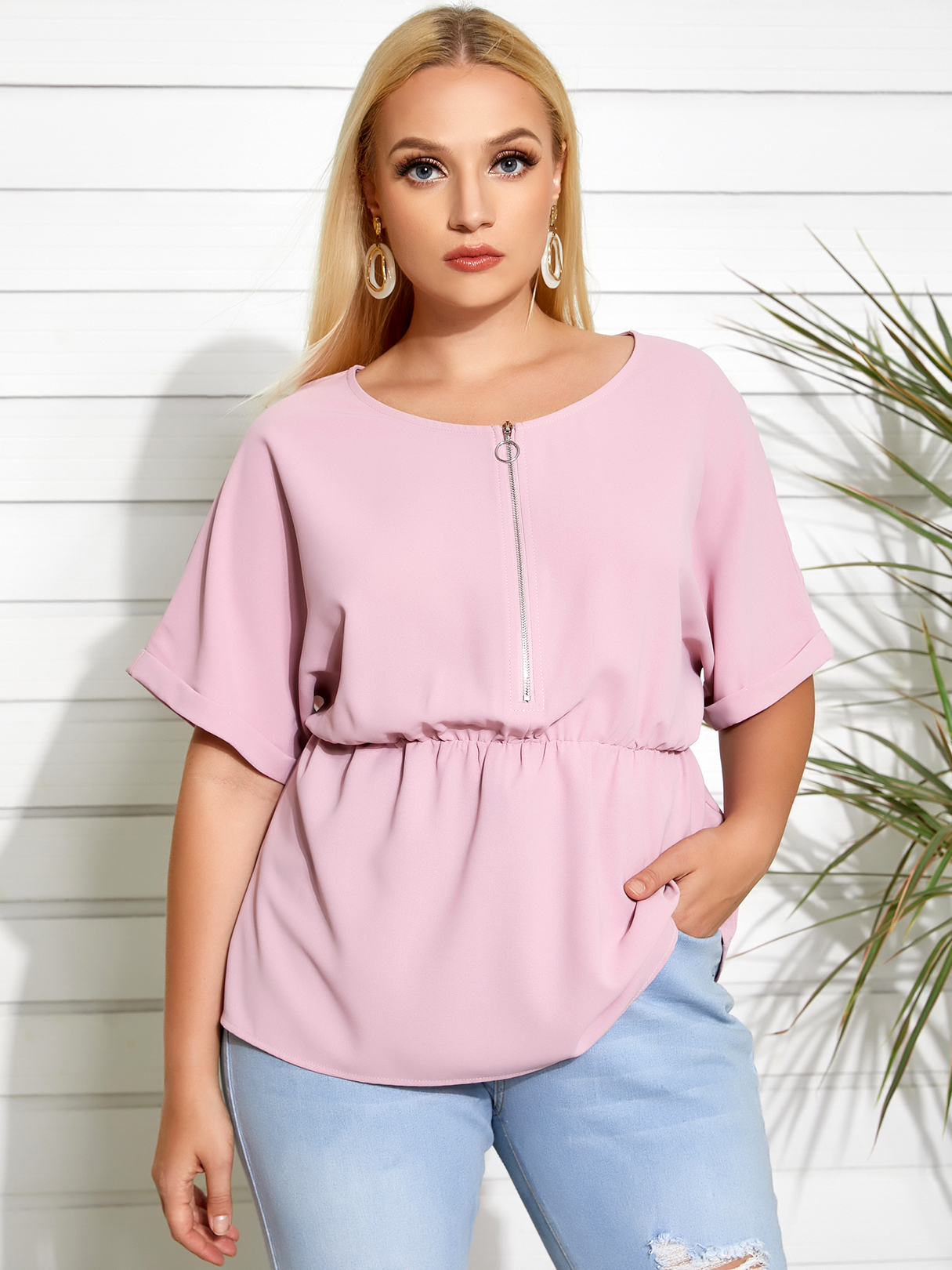 YOINS Plus Size Round Neck Zip Front Roll Short Sleeves Blouse