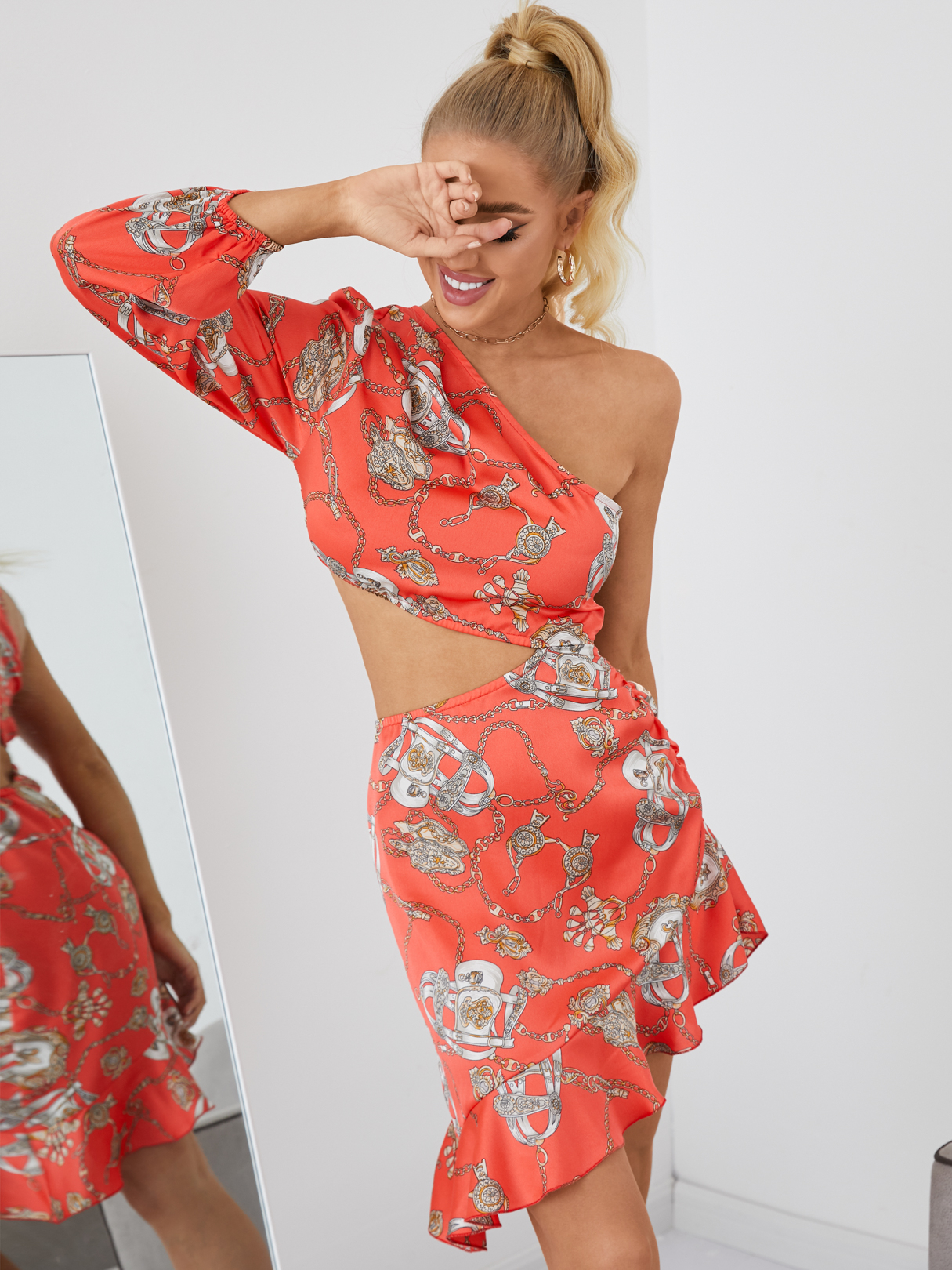 YOINS One shoulder Scarf print Ruffle trim Ruched Mini Dress