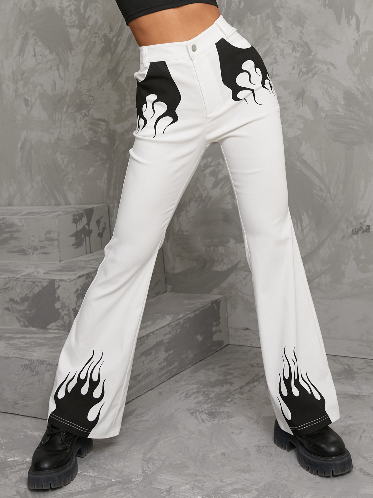YOINS White Fire Print Side Pockets Flare Leg Pants