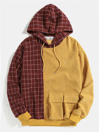 ChArmkpR Men Casual Corduroy Plaid Patchwork Pullover Hoodie