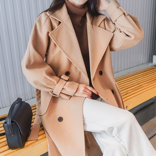 Icecream12 - Plain Single-Breasted Long Coat with Sash - Choco Beige/One Size