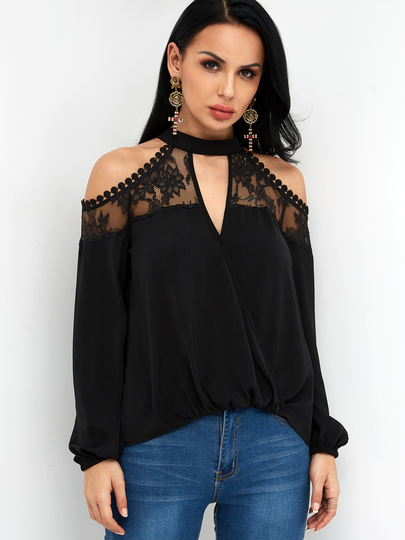 Black See Through Lace Trim Cold Shoulder Cut Out Front Blouses With Lantern Sleeves