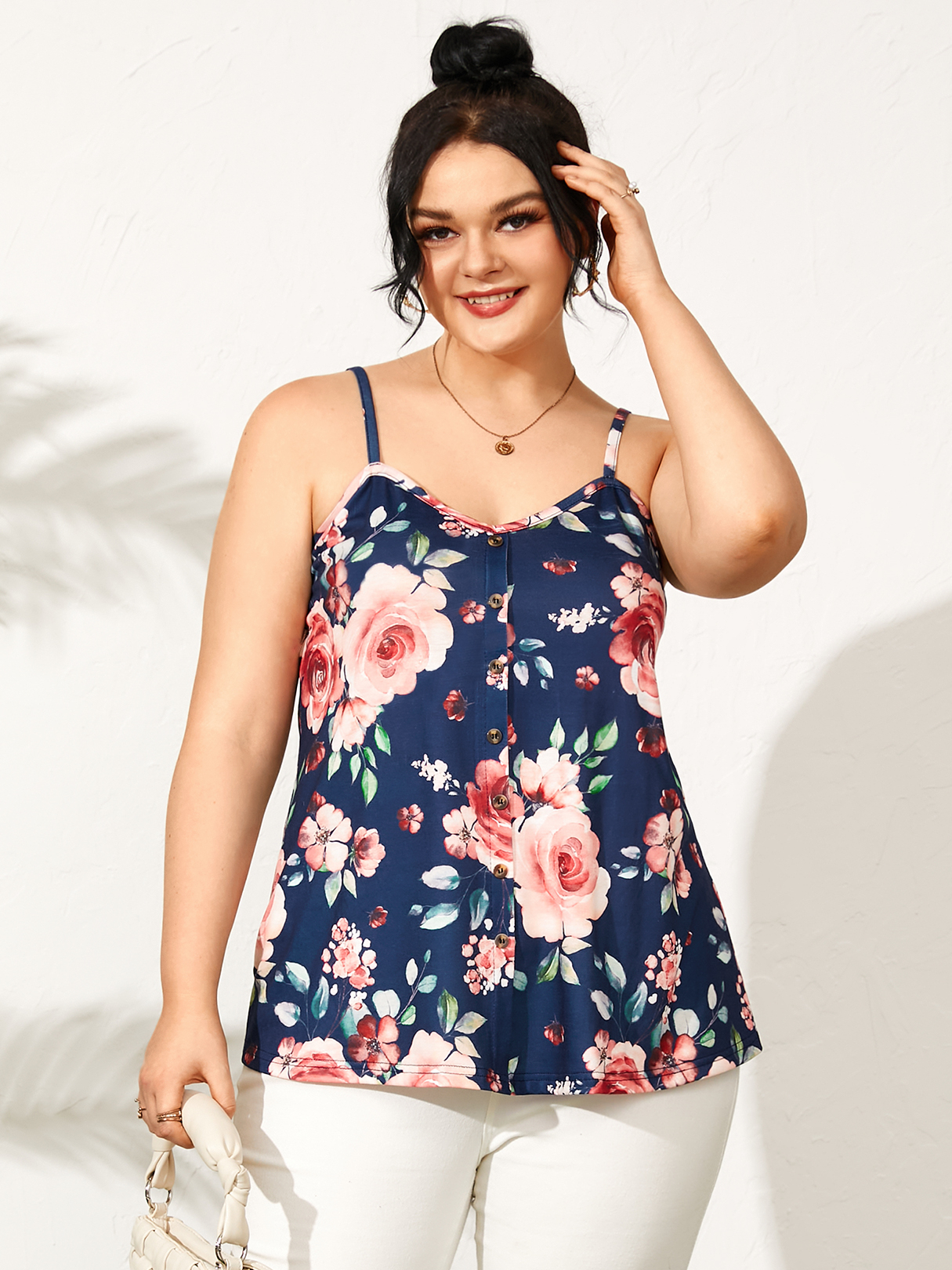 YOINS Plus Size Spaghetti Floral Print Button Design Cami