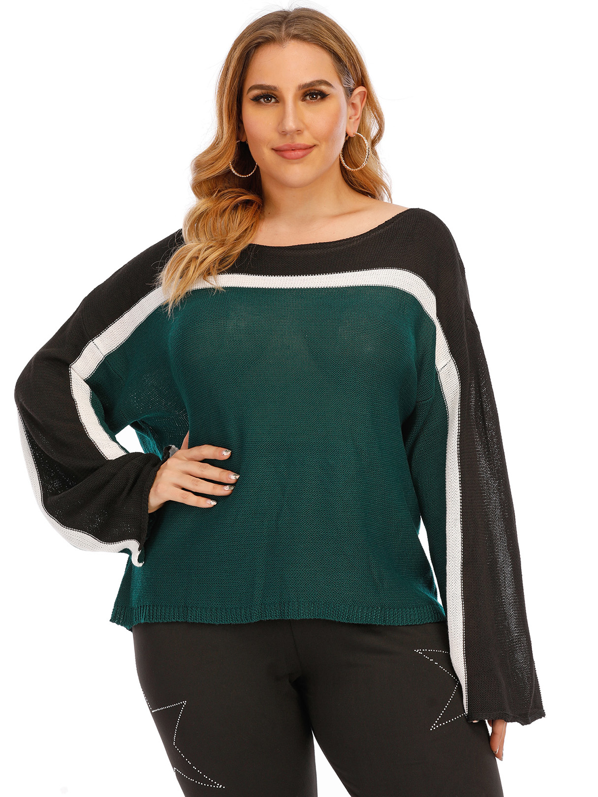 Plus Size Round Neck Patchwork Long Sleeves Sweater