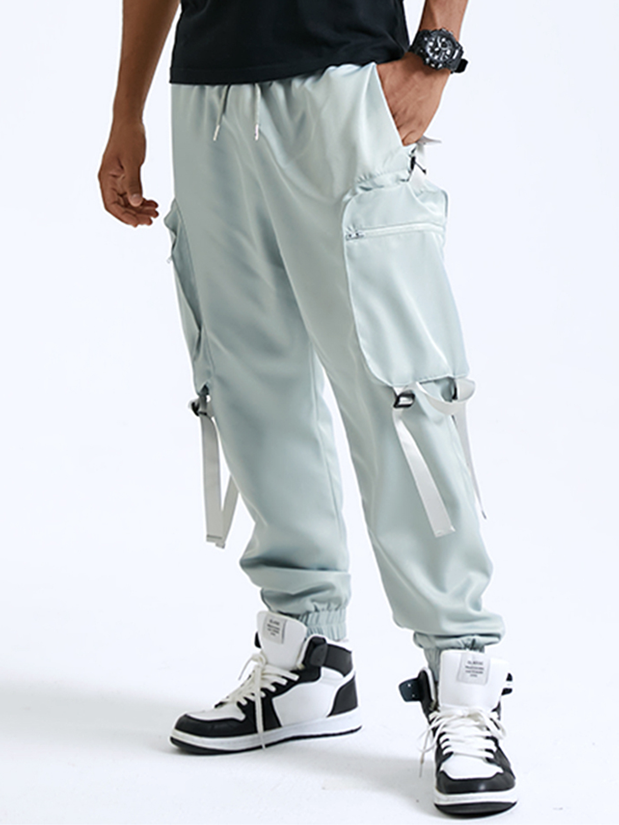 Men Fashion Plain Zip Pockets Ribbon Design Casual Cargo Pants
