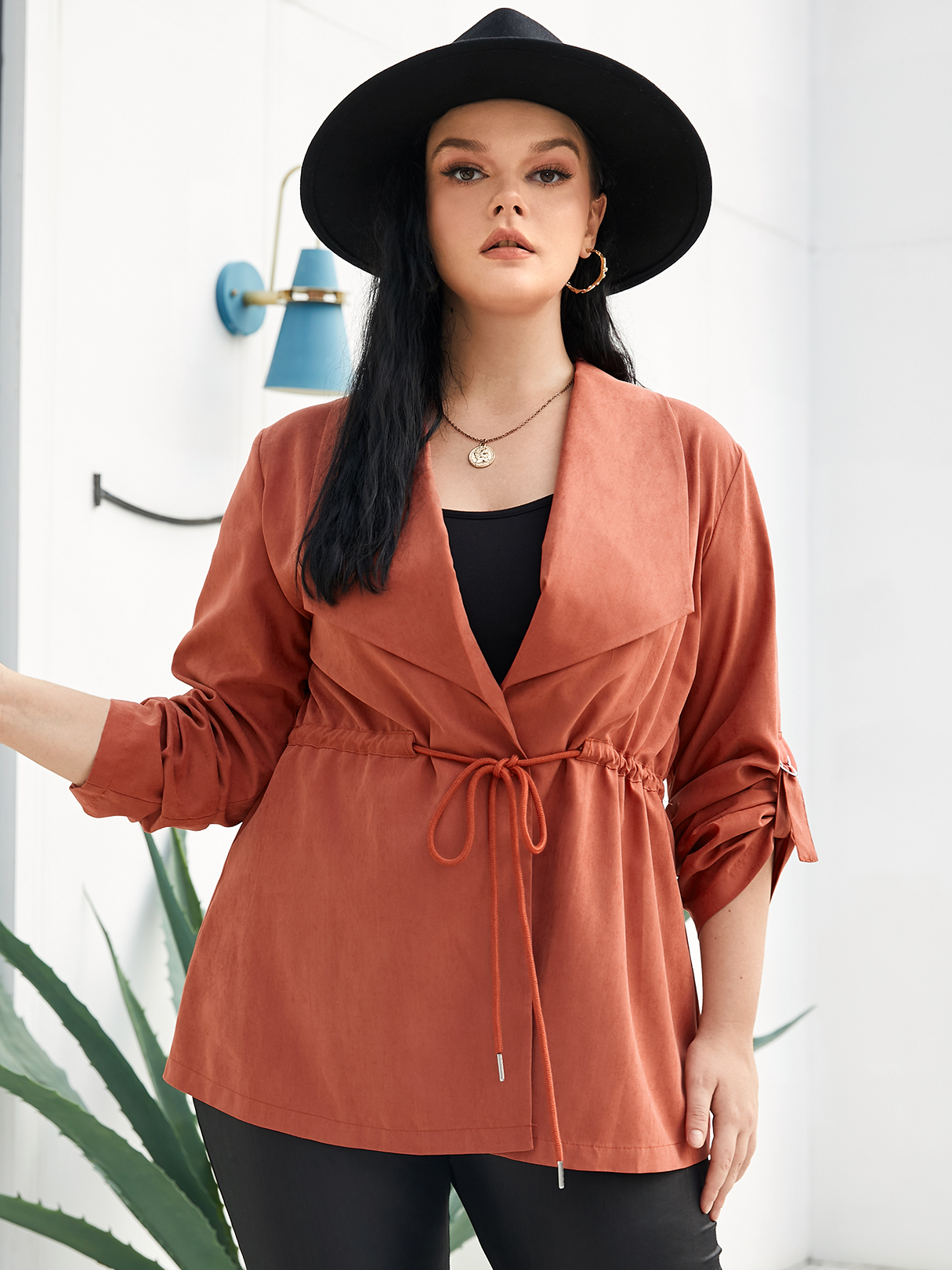 YOINS Plus Size Lapel Collar Drawstring Long Sleeves Coat