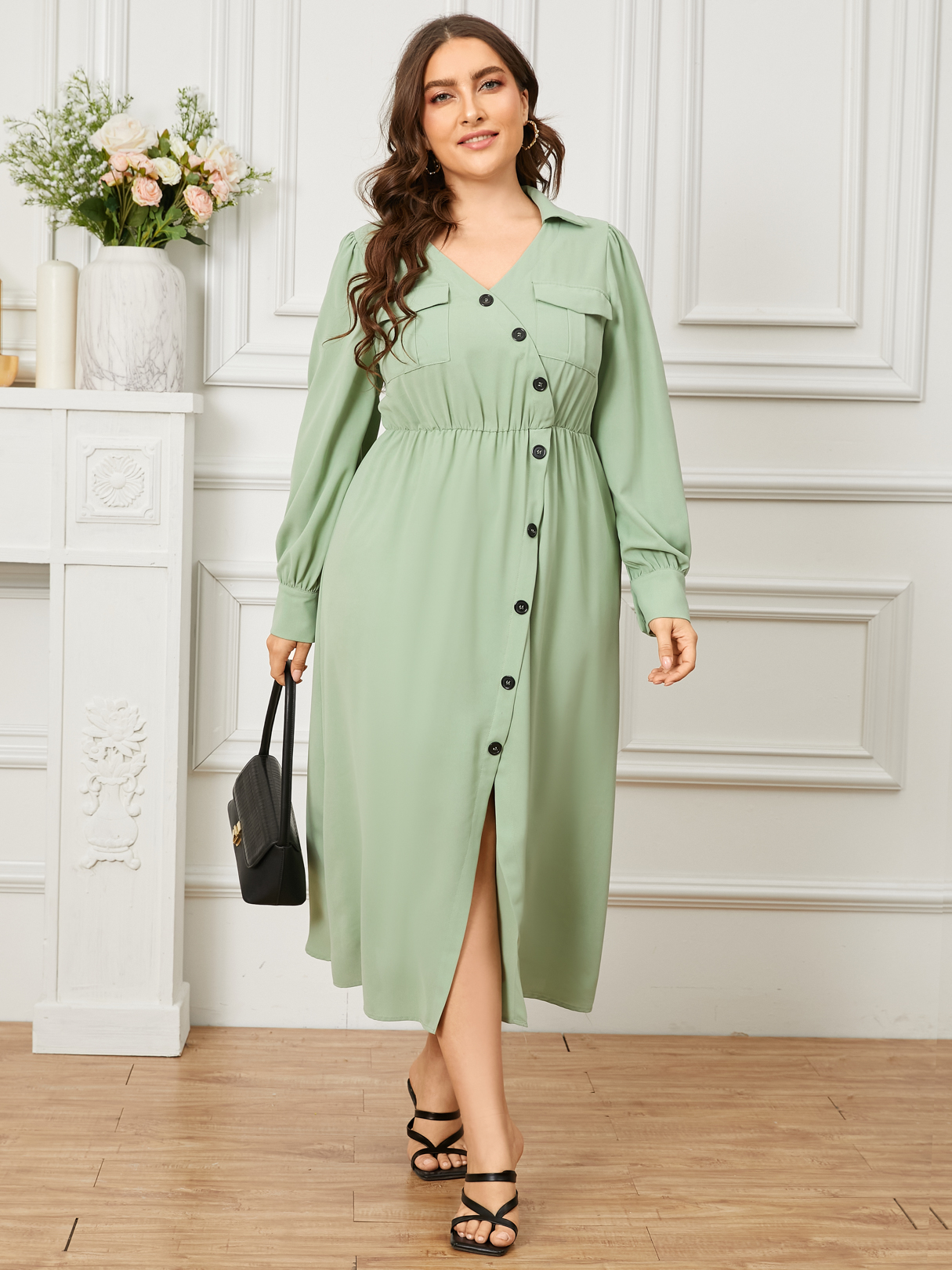 YOINS Plus Size Lapel Collar Front Button Pocket Long Sleeves Dress