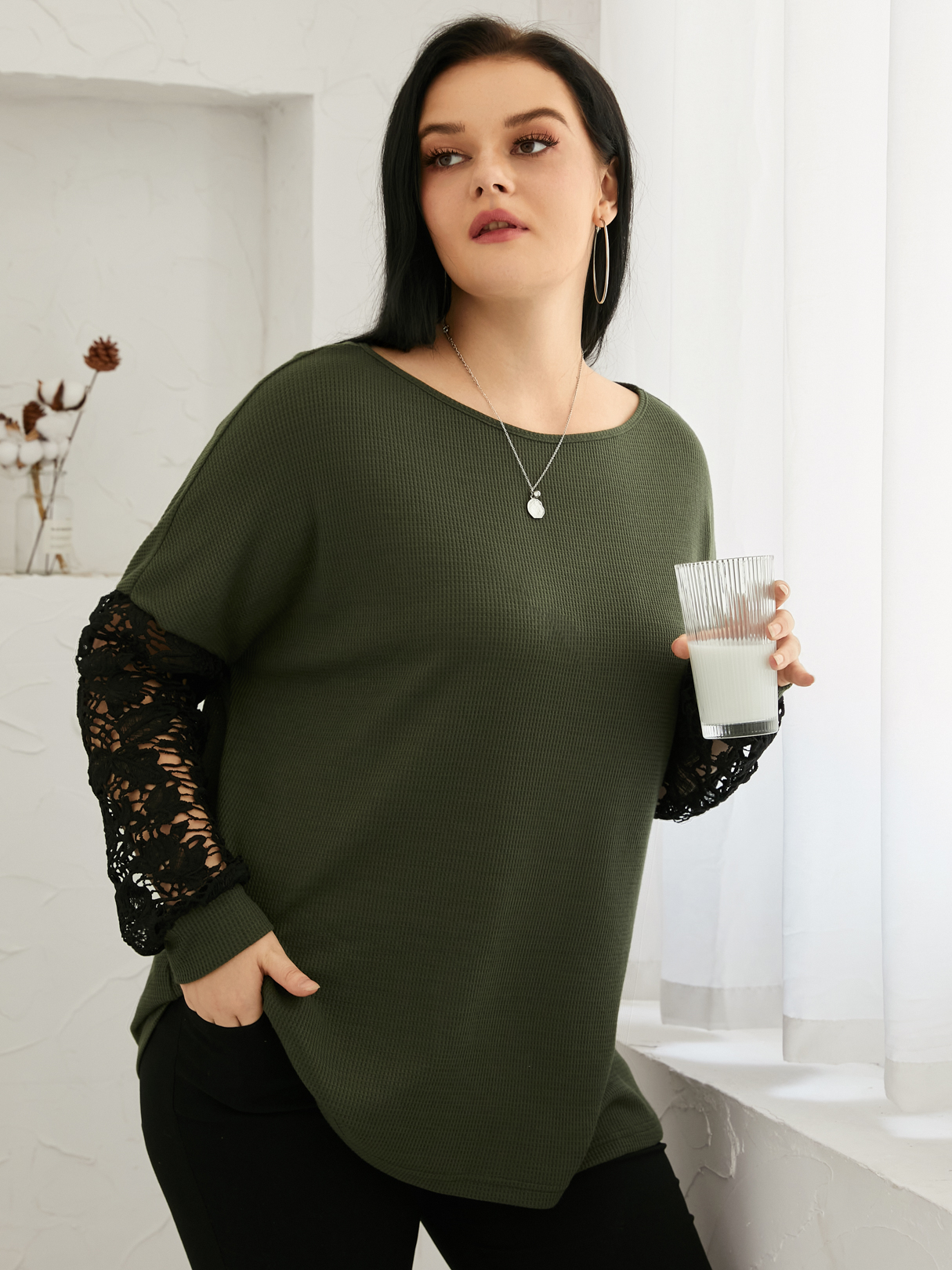 YOINS Plus Size Round Neck Waffle Knit Patchwork Design Long Sleeves Knitwear