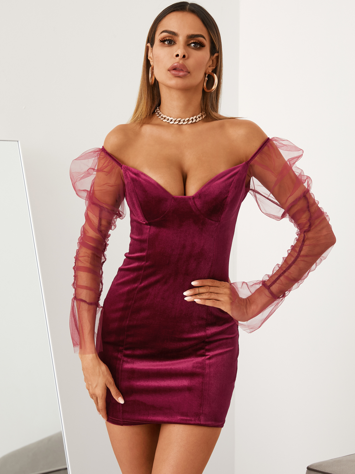 YOINS Velvet V-neck Patch Mesh Mini Dress