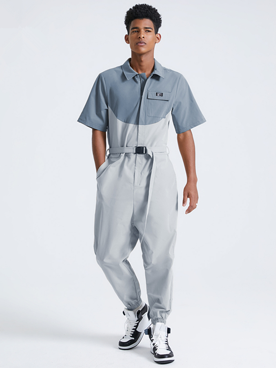 Men Fashion Color Block Splicing Belted Short Sleeve Jumpsuit