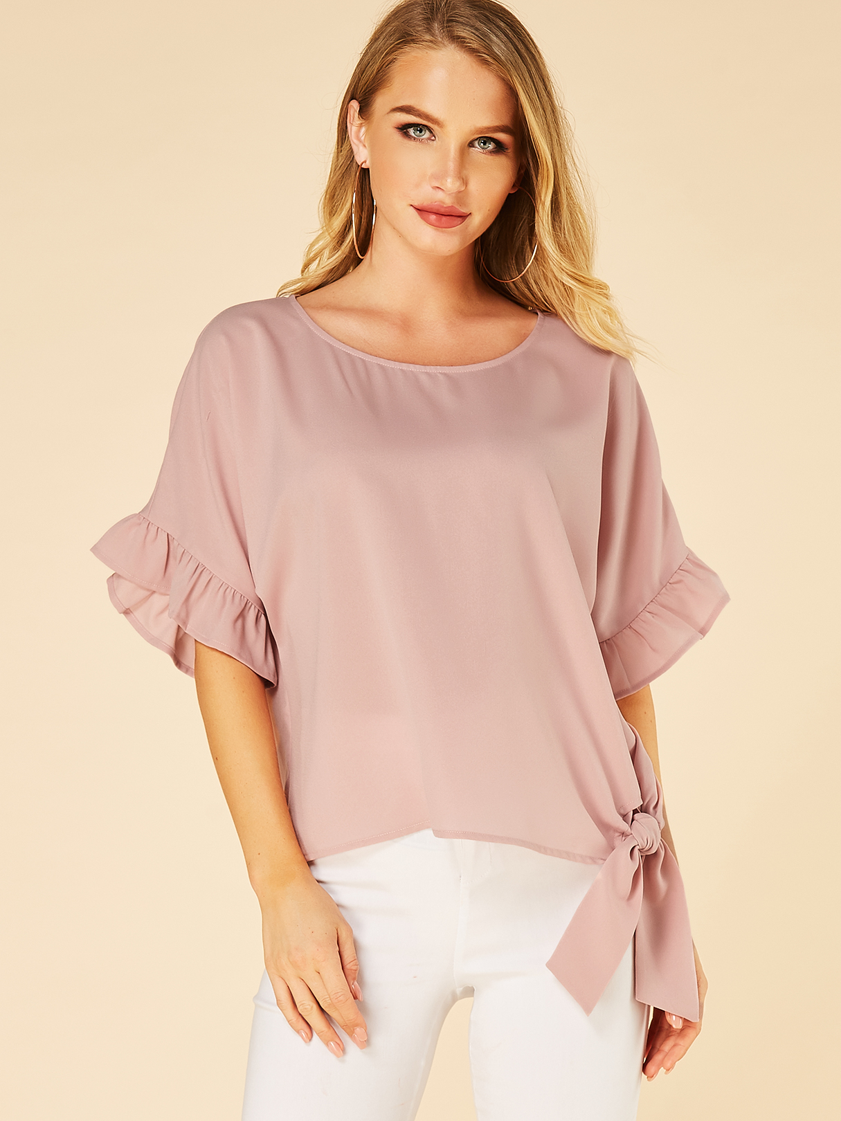 Pink Lettuce-edge Round Neck Half Sleeves Tee