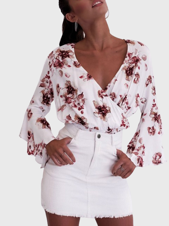 White Crossed Front Random Floral Print V-neck Stretch Waistband Crop Top