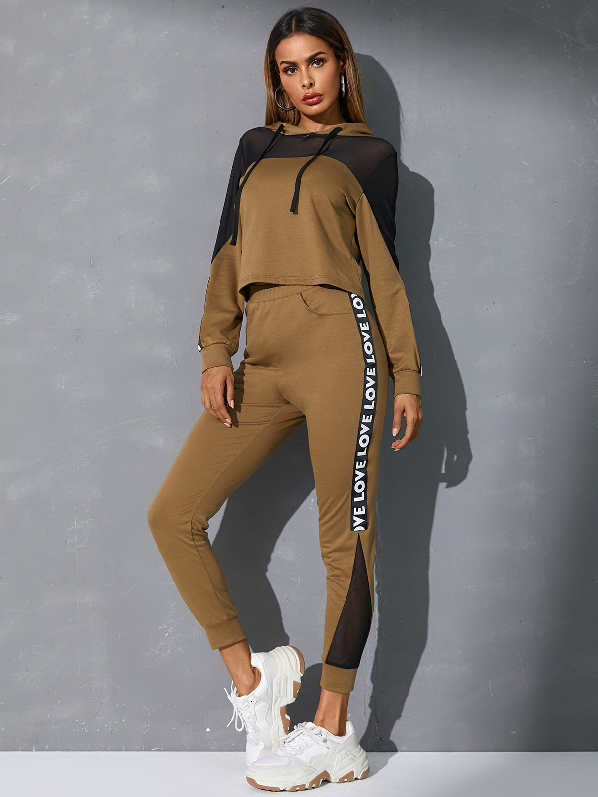 YOINS Brown Mesh Patchwork Letter Long Sleeves Tracksuit