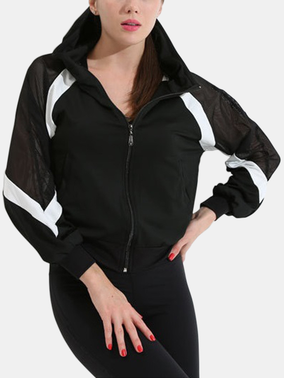 Active Contrast Color Zip Design Mesh Jacket in Black