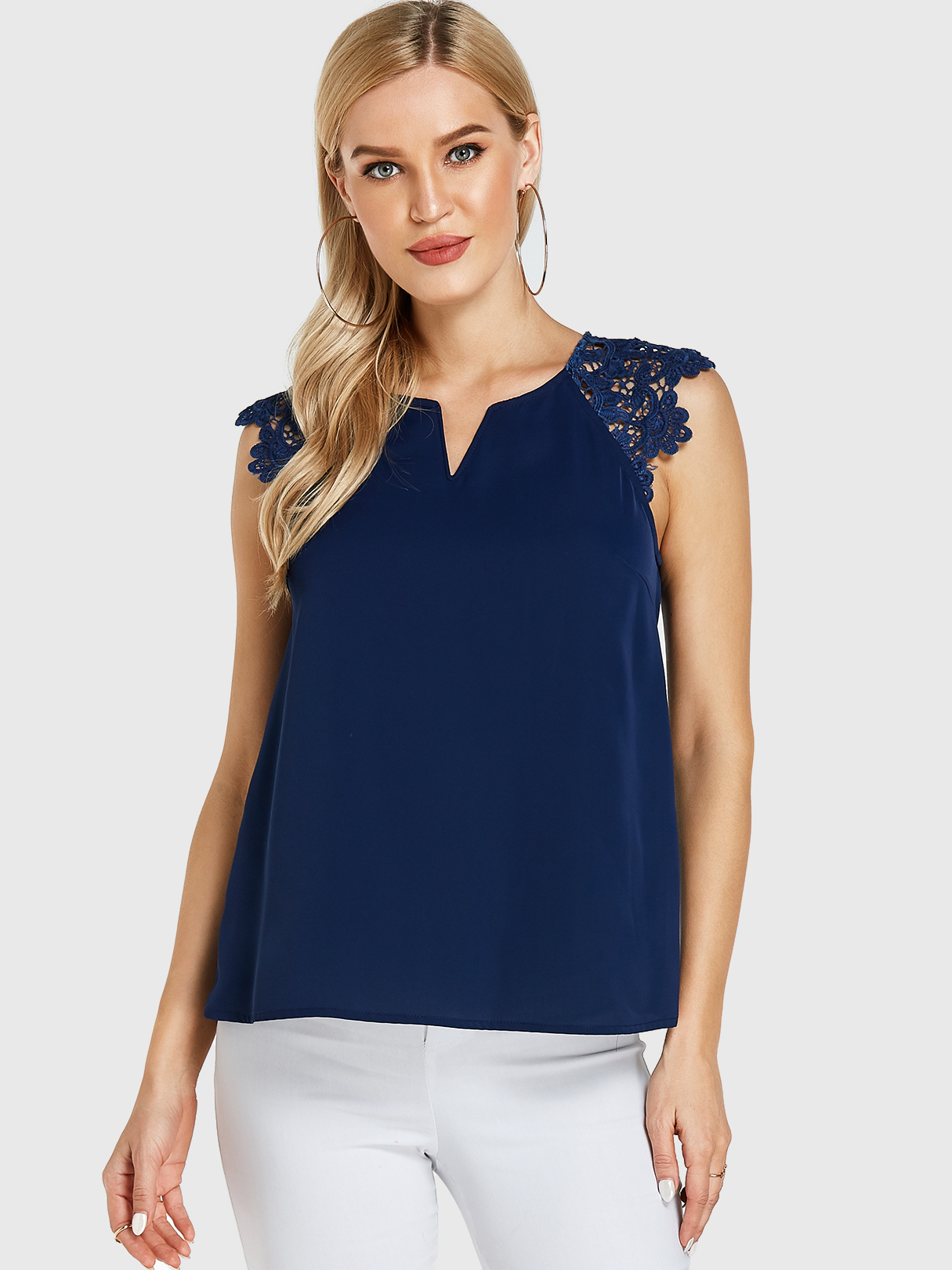 Navy Crochet Lace Embellished V-neck Sleeveless Top