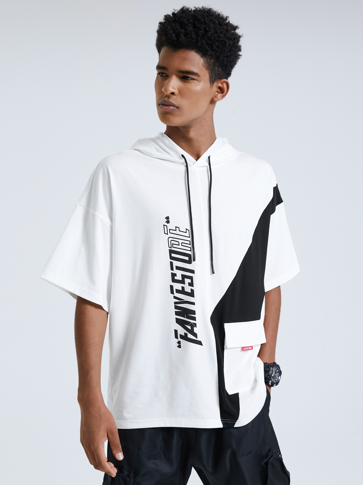 Men Letter Pocket Drawstring Hooded T-Shirt